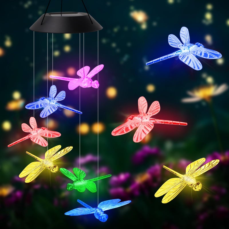 AVEKI Solar Wind Chimes Outdoor, Color-Changing Solar Mobile Wind Chime Waterproof Solar Powered LED Hanging Lamp for Outdoor Garden Festival Decoration (Dragonfly) - Image 2